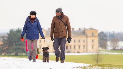 Visitors walking in the parkland on a wintry day at Croome, Worcestershire